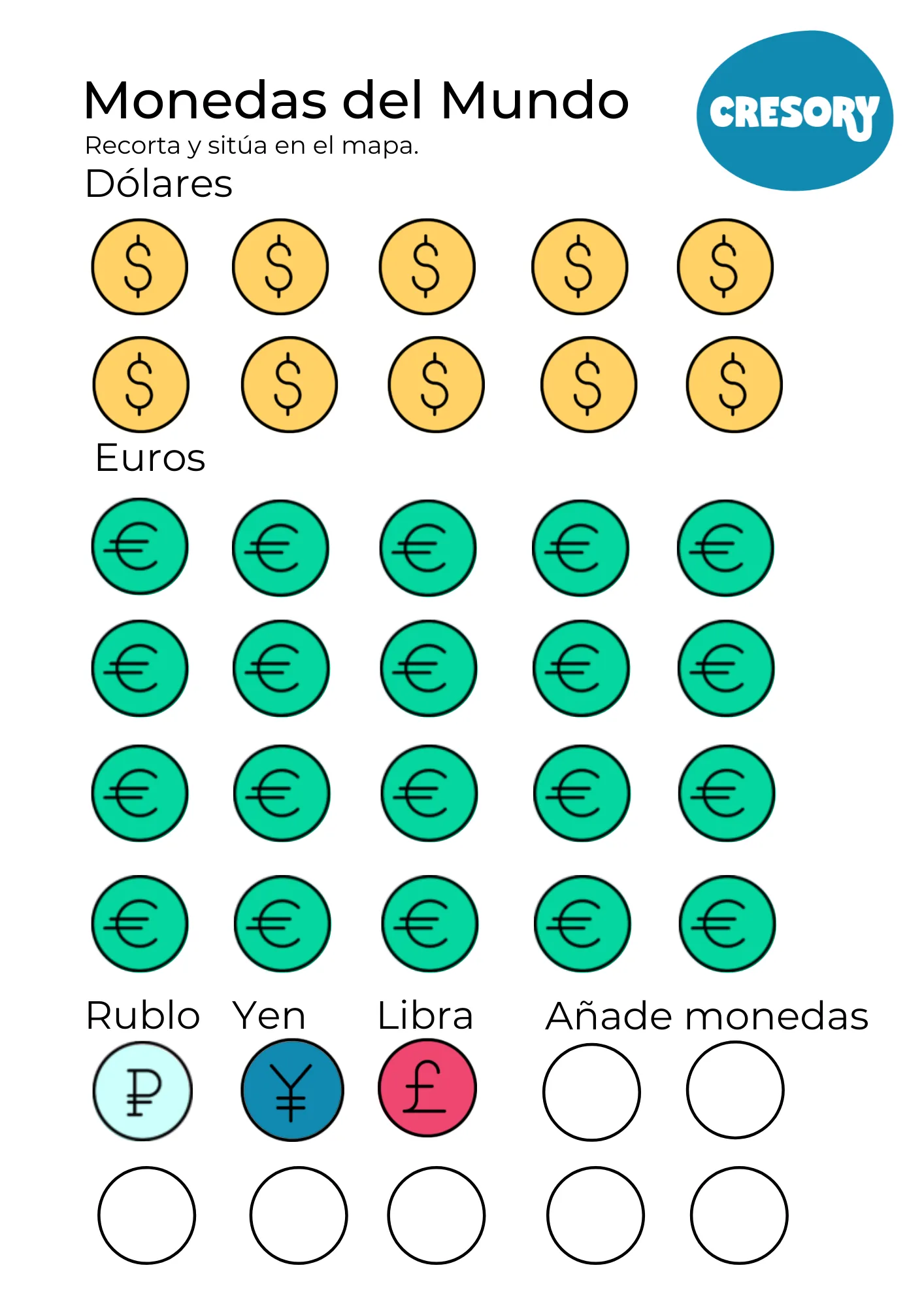 Actividad símbolos de las monedas del mundo para niños